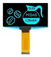MCOT128064HV-BM: Graphic OLED, 128 x 64, Blue on Black, 3V to 5V, I2C, Parallel, SPI, 60.5mm x 37mm, -40 °C