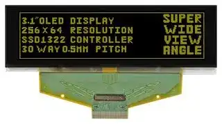 MCOT256064B1A-YM: Graphic OLED, 256 x 64 Pixels, Yellow on Black, 2.5V, Multi, 88mm x 27.8mm, -40 °C