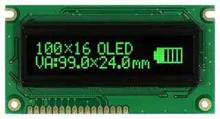O100H016EGPP5N0000: Graphic OLED, 100 x 16 Pixels, Green on Black, 5V, Parallel, SPI, 84mm x 44mm, -40 °C