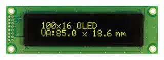 O100H016FLPP5N0000: Graphic OLED, 100 x 16 Pixels, Yellow on Black, 5V, Parallel, SPI, 116mm x 37mm, -40 °C