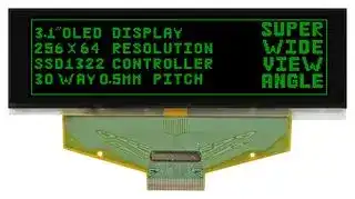 MCOT256064B1A-GM: Graphic OLED, 256 x 64 Pixels, Green on Black, 2.5V, Multi, 88mm x 27.8mm, -40 °C