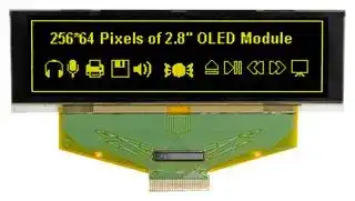 O256Y064ALPP3N0000: Graphic OLED, 256 x 64 Pixels, Yellow on Black, 3V, Parallel, SPI, 84mm x 25.8mm, -40 °C