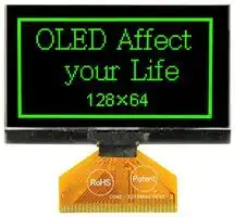 O128O064HGPP3N0000: Graphic OLED, 128 x 64 Pixels, Green on Black, 3V, I2C, Parallel, SPI, 60.5mm x 37mm, -40 °C