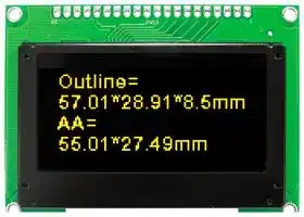 O128O064JLPP3N0000: Graphic OLED, 128 x 64 Pixels, Yellow on Black, 3V, I2C, Parallel, SPI, 75mm x 52.7mm, -40 °C