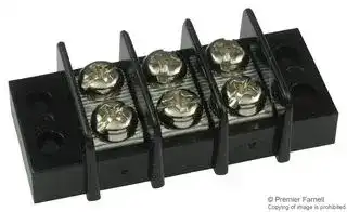 TC 44 18 03: Panel Mount Barrier Terminal Block, 2 Row, 3 Ways, 21 AWG, 12 AWG, 9.5 mm, 20 A