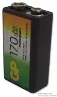 GP17R8H: Rechargeable Battery, Single Cell, 8.4 V, Nickel Metal Hydride, 170 mAh, PP3, Snap Contact