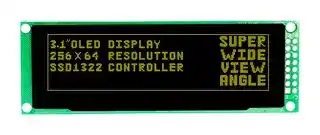 MDOB256064BX-YM: Graphic OLED, 256 x 64 Pixels, Yellow on Black, 3.3V, Parallel, SPI, 100.5mm x 33.5mm, -40 °C
