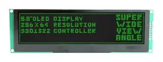 MDOB256064CX-GM: Graphic OLED, 256 x 64 Pixels, Green on Black, 3.3V, Parallel, SPI, 159.33mm x 49.8mm, -40 °C
