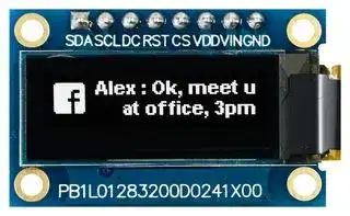 MDOB128032EV-WS: Graphic OLED, 128 x 32 Pixels, White on Black, 3V, SPI, 32.5mm x 20.5mm, -40 °C