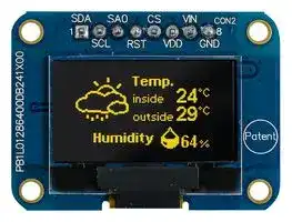 MDOB128064VV-YM: Graphic OLED, 128 x 64 Pixels, Yellow on Black, 3V, I2C, SPI, 38mm x 28.5mm, -40 °C
