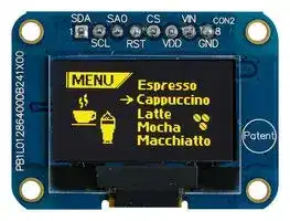 MDOB128064V1V-YS: Graphic OLED, 128 x 64 Pixels, Yellow on Black, 3V / 5V, I2C, SPI, 38mm x 28.5mm, -40 °C