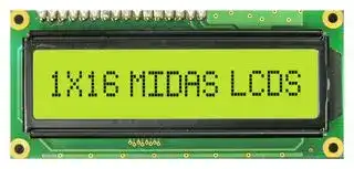 MC11606A6W2-SPR: Alphanumeric LCD, 16 x 1, Black on Yellow / Green, 5V, Parallel, English, Japanese, Reflective