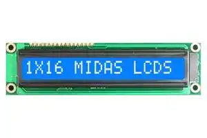 MC11608A6W1-BNMLW: Alphanumeric LCD, 16 x 1, White on Blue, 5V, Parallel, English, Euro, Transmissive