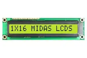 MC11608A6WK1-SPTLY: Alphanumeric LCD, 16 x 1, Black on Yellow / Green, 5V, Parallel, English, Euro, Transflective