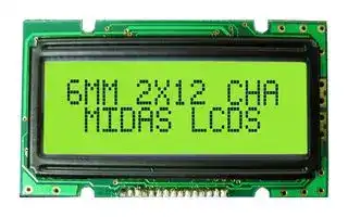 MC21205A6W1-SPTLY: Alphanumeric LCD, 12 x 2, Black on Yellow / Green, 5V, Parallel, English, Japanese, Transflective