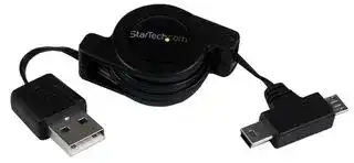 USBRETAUBMB: USB Cable, Type A Plug to Micro Type B Plug + Mini Type B Plug, 760 mm, 2.5 ft, USB 2.0, Black