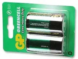 GP13G-U2: Battery, Greencell, Pack of 2, 1.5 V, D, Zinc Chloride, Raised Positive and Flat Negative, 34.2 mm