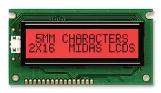 MC21605A6W-FPTLR-V2: Alphanumeric LCD, 16 x 2, Black on Red, 5V, English, Japanese, Transflective