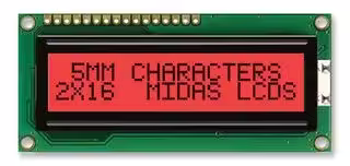 MC21605C6W-FPTLR-V2: Alphanumeric LCD, 16 x 2, Black on Red, 5V, Parallel, English, Japanese, Transflective