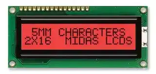 MC21605C6W-FPTLR-V2: Alphanumeric LCD, 16 x 2, Black on Red, 5V, Parallel, English, Japanese, Transflective