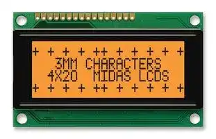 MC42004A6W-FPTLA-V2: Alphanumeric LCD, 20 x 4, Black on Amber, 5V, Parallel, English, Japanese, Transflective