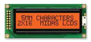 MC21605B6W-FPTLA-V2: Alphanumeric LCD, 16 x 2, Black on Amber, 5V, English, Euro, Japanese, Transflective