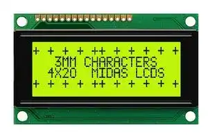 MC42004A6W-SPTLY-V2: Alphanumeric LCD, 20 x 4, Black on Yellow / Green, 5V, Parallel, English, Japanese, Transflective
