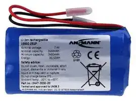 2447-3030-20: Rechargeable Battery, 7.4 V, Lithium Ion, 3.45 Ah, Wire Leads, 1