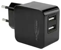 1001-0067: Charger, USB, 15.5 W, Dual Port, Black, 84 mm x 45 mm x 30 mm, EU