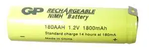 GP180AAHHB: Rechargeable Battery, Single Cell, 1.2 V, Nickel Metal Hydride, 1.8 Ah, AA, Opposing Tags, 1