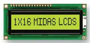 MC11605A6WR-SPTLY: Alphanumeric LCD, 16 x 1, Black on Yellow / Green, 5V, Parallel, English, Cyrillic, Transflective
