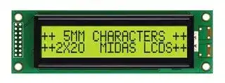 MC22005A6WK-SPTLY-V2: Alphanumeric LCD, 20 x 2, Black on Yellow / Green, 5V, Parallel, English, Euro, Transflective