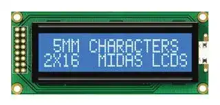 MC21605B6WD-BNMLW-V2: Alphanumeric LCD, 16 x 2, White on Blue, 5V, Parallel, English, Japanese, Transmissive