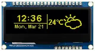MDOB128032FCV-YM: Graphic OLED, 128 x 32 Pixels, Yellow on Black, 3.3V, I2C, Parallel, SPI, 66.5mm x 35mm, -40 °C