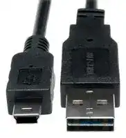 UR030-001: USB Cable, Reversible Type A Plug to Mini Type B Plug, 300 mm, 1 ft, USB 2.0, Black