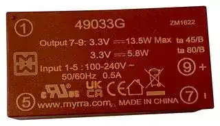 49033G: AC/DC PCB Mount Power Supply (PSU), ITE & Household, 1 Output, 14.5 W, 3.3 VDC, 4.4 A