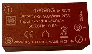 49090G: AC/DC PCB Mount Power Supply (PSU), ITE & Household, 1 Output, 20 W, 9 VDC, 2.2 A