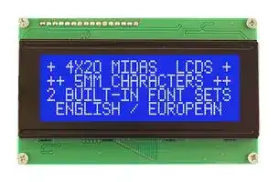 MC42005A6WK-BNMLW-V2: Alphanumeric LCD, 20 x 4, White on Blue, 5V, Parallel, English, Euro, Transmissive