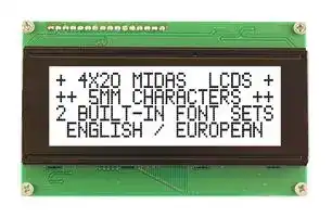 MC42005A6WK-FPTLW-V2: Alphanumeric LCD, 20 x 4, Black on White, 5V, Parallel, English, Euro, Transflective