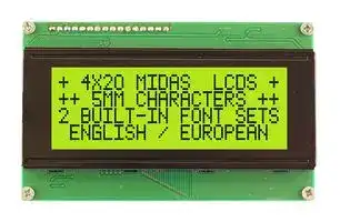 MC42005A6WK-SPTLY-V2: Alphanumeric LCD, 20 x 4, Black on Yellow / Green, 5V, Parallel, English, Euro, Transflective
