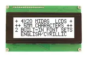 MC42005A6WR-FPTLW-V2: Alphanumeric LCD, 20 x 4, Black on White, 5V, Parallel, English, Cyrillic, Transflective