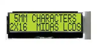 MCCOG21605C6W-SPTLYI: Alphanumeric LCD, 16 x 2, Black on Yellow / Green, 3V to 5V, I2C, English, Japanese, Transflective
