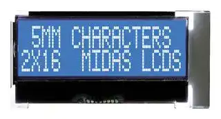 MCCOG21605D6W-BNMLWI: Alphanumeric LCD, 16 x 2, White on Blue, 3V to 5V, I2C, English, Japanese, Transmissive