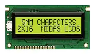 MC21605A6WD-SPTLY-V2: Alphanumeric LCD, 16 x 2, Black on Yellow / Green, 5V, Parallel, English, Japanese, Transflective