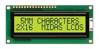 MC21605C6WR-SPTLY-V2: Alphanumeric LCD, 16 x 2, Black on Yellow / Green, 5V, Parallel, English, Cyrillic, Transflective