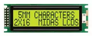 MC21605DA6W-SPTLY-V2: Alphanumeric LCD, 16 x 2, Black on Yellow / Green, 5V, Parallel, English, Japanese, Transflective