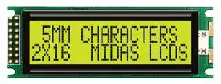MC21605D6W-SPR-V2: Alphanumeric LCD, 16 x 2, Black on Yellow / Green, 5V, Parallel, English, Japanese, Reflective
