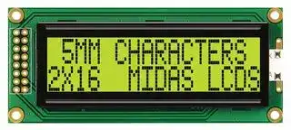 MC21605B6WD-SPTLY-V2: Alphanumeric LCD, 16 x 2, Black on Yellow / Green, 5V, Parallel, English, Japanese, Transflective