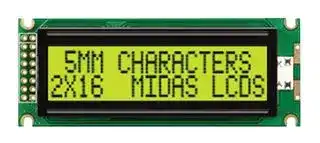 MC21605J6W-SPTLY-V2: Alphanumeric LCD, 16 x 2, Black on Yellow / Green, 5V, Parallel, English, Japanese, Transflective