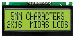 MC21605F6WE-SPTLY: Alphanumeric LCD, 16 x 2, Black on Yellow / Green, 5V, Parallel, English, Japanese, Transflective